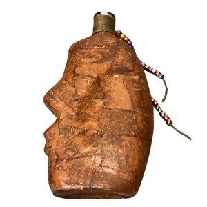 NWOT‎ Glass bottle Face art paper mache with beads Strings, Brown